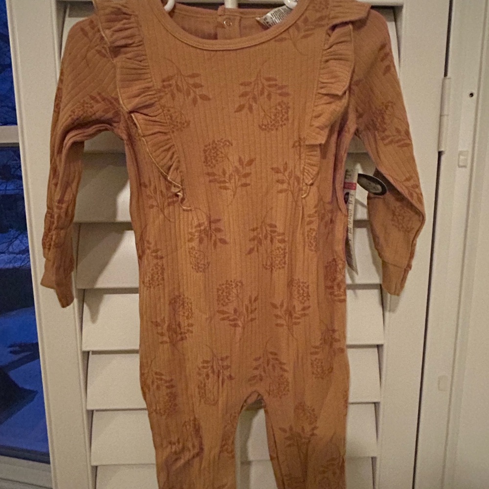 Gerber Mustard Ribbed Floral Ruffle Long-Sleeve One-Piece